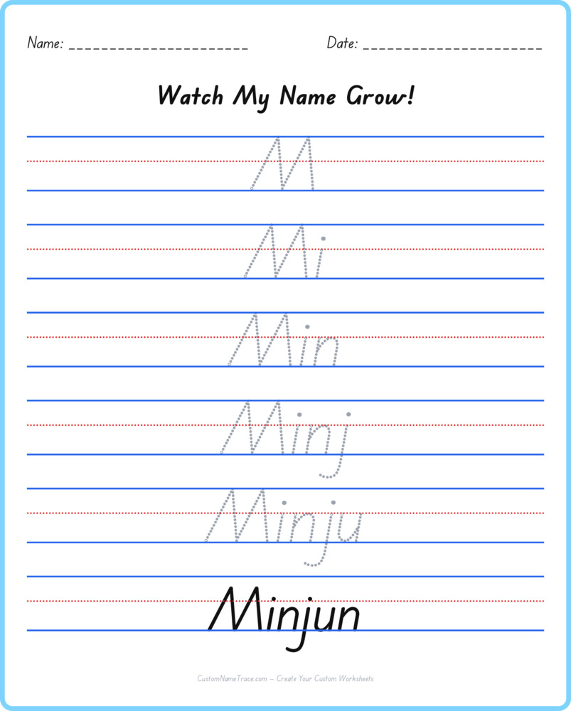 Free Minjun custom name tracing - pyramid free worksheet