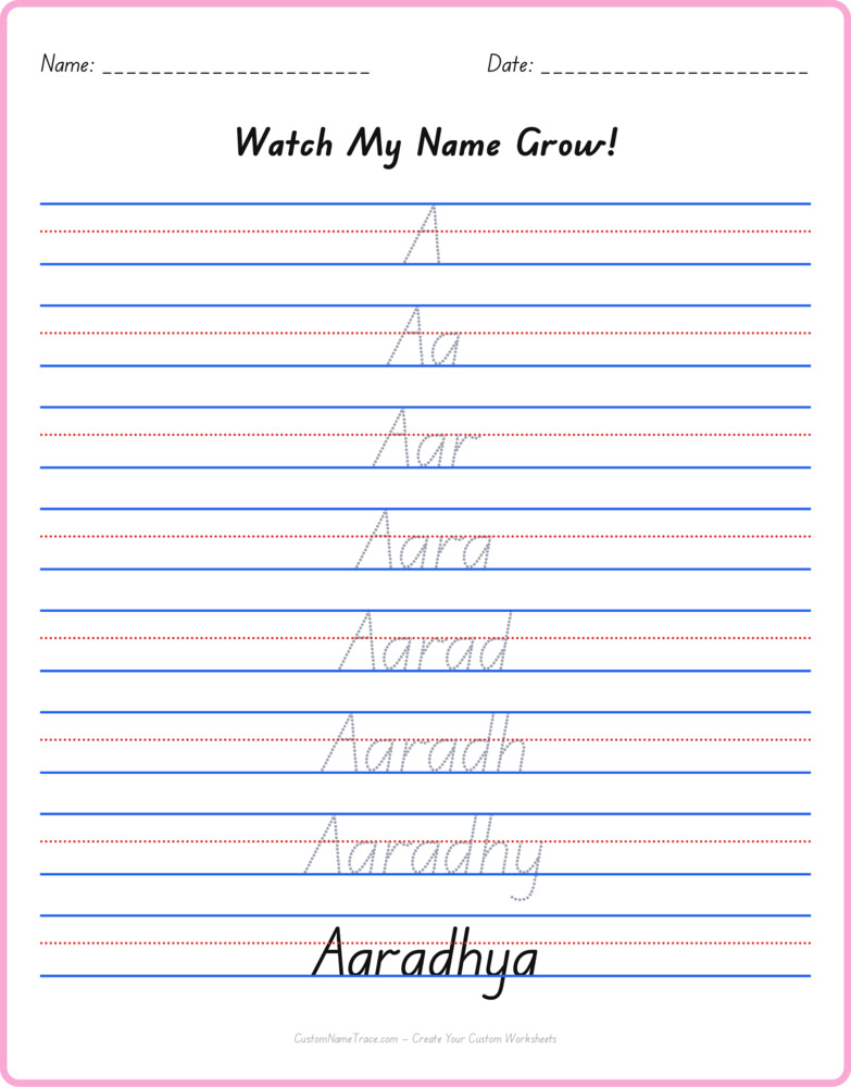 Free Aaradhya custom name tracing - pyramid free worksheet