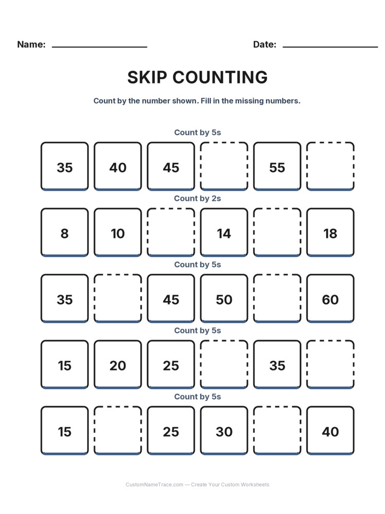 Grade 1 Skip Counting worksheet 1 for kids