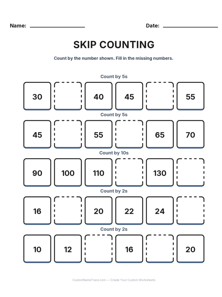 Grade 1 Skip Counting worksheet 10 for kids
