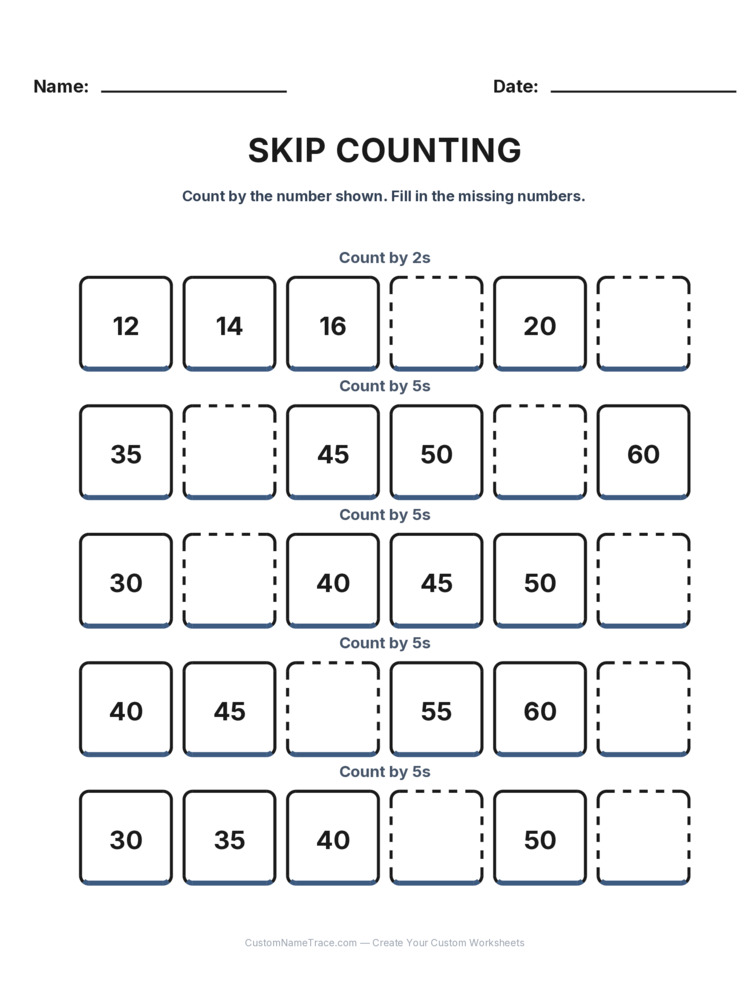 Grade 1 Skip Counting worksheet 12 for kids