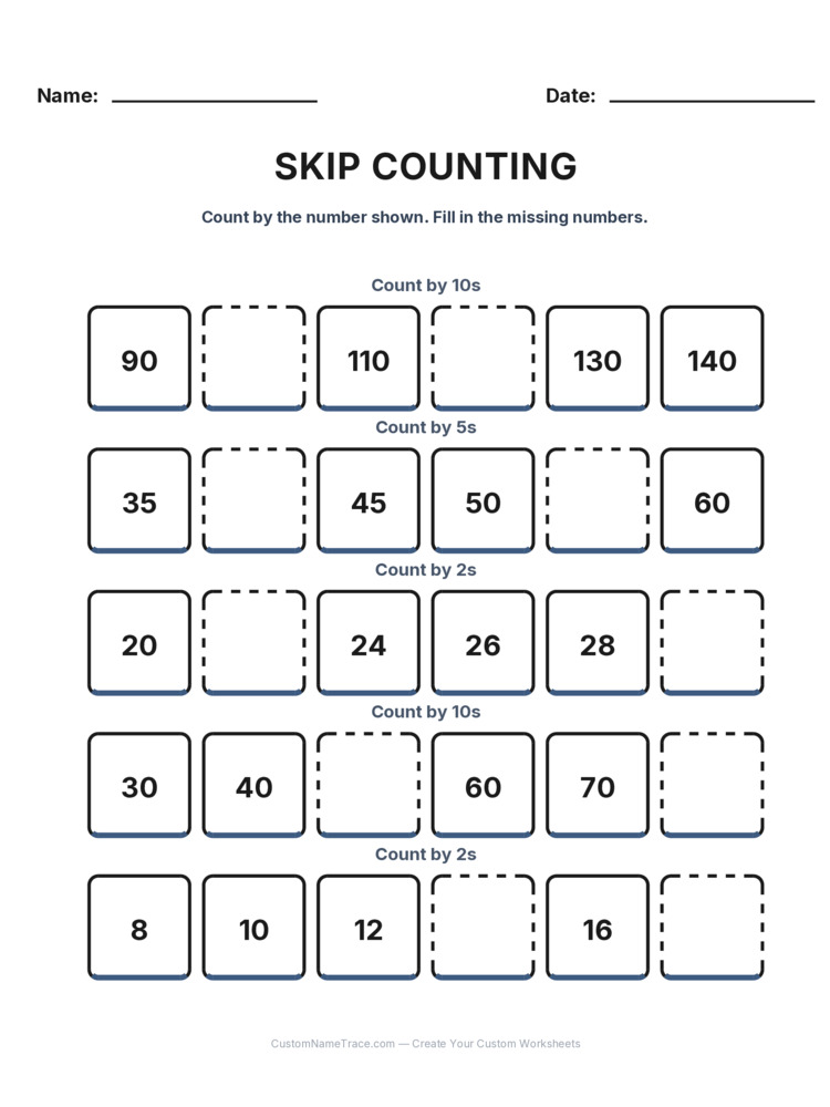 Grade 1 Skip Counting worksheet 16 for kids