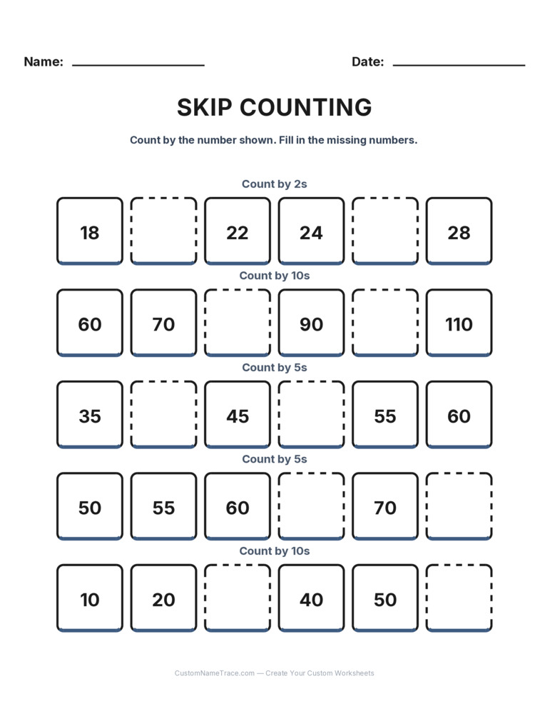 Grade 1 Skip Counting worksheet 18 for kids