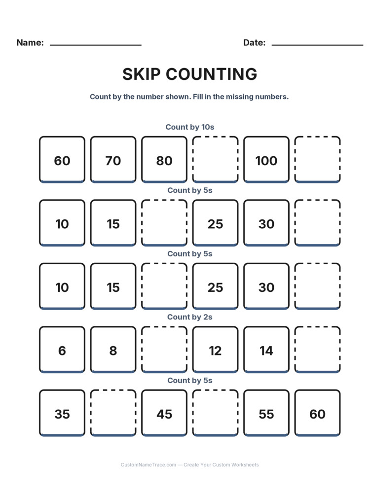 Grade 1 Skip Counting worksheet 19 for kids