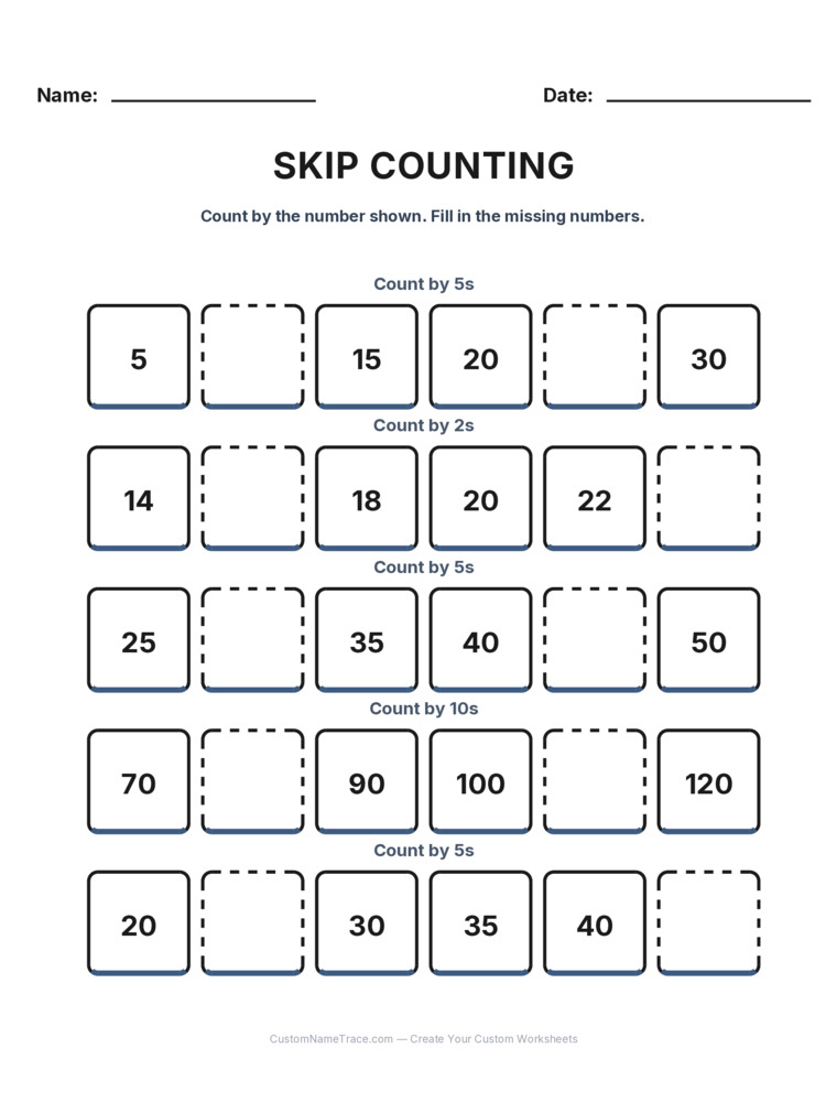 Grade 1 Skip Counting worksheet 2 for kids