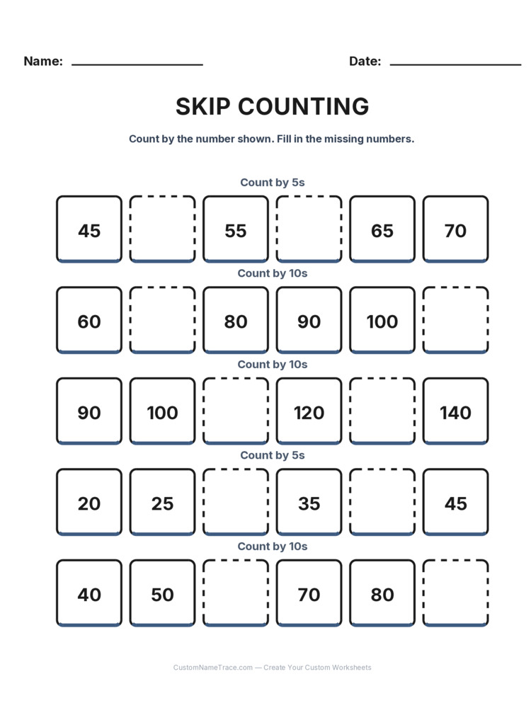 Grade 1 Skip Counting worksheet 20 for kids