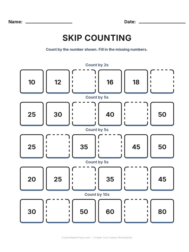 Grade 1 Skip Counting worksheet 21 for kids