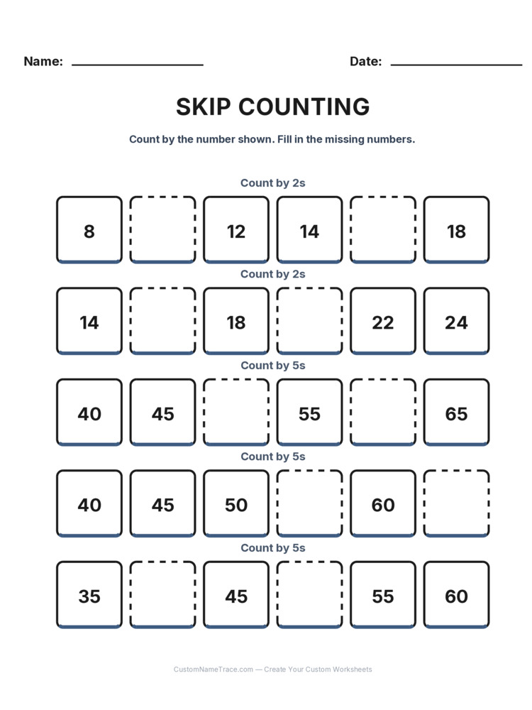 Grade 1 Skip Counting worksheet 22 for kids