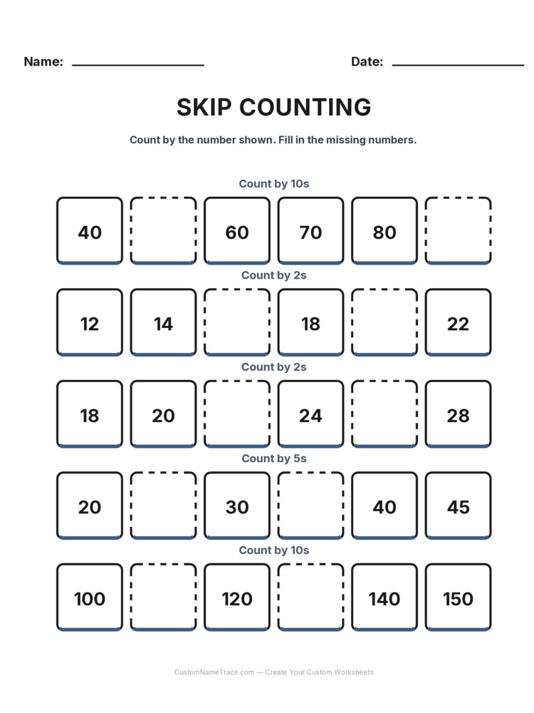 Grade 1 Skip Counting worksheet 25 for kids