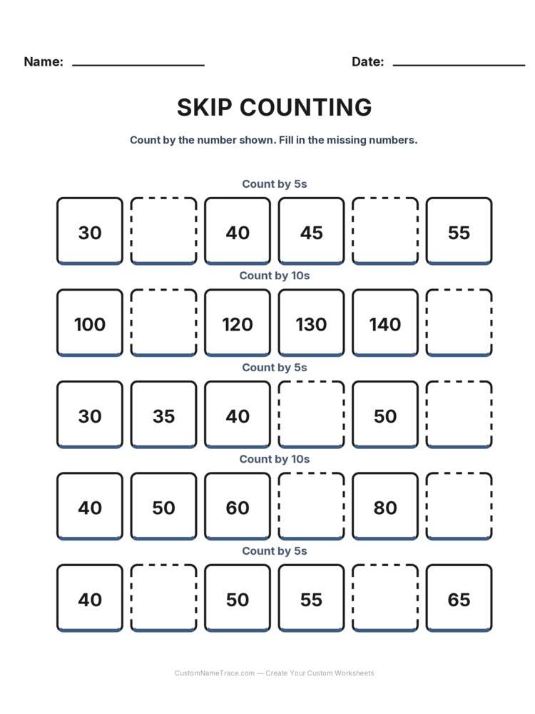 Grade 1 Skip Counting worksheet 28 for kids