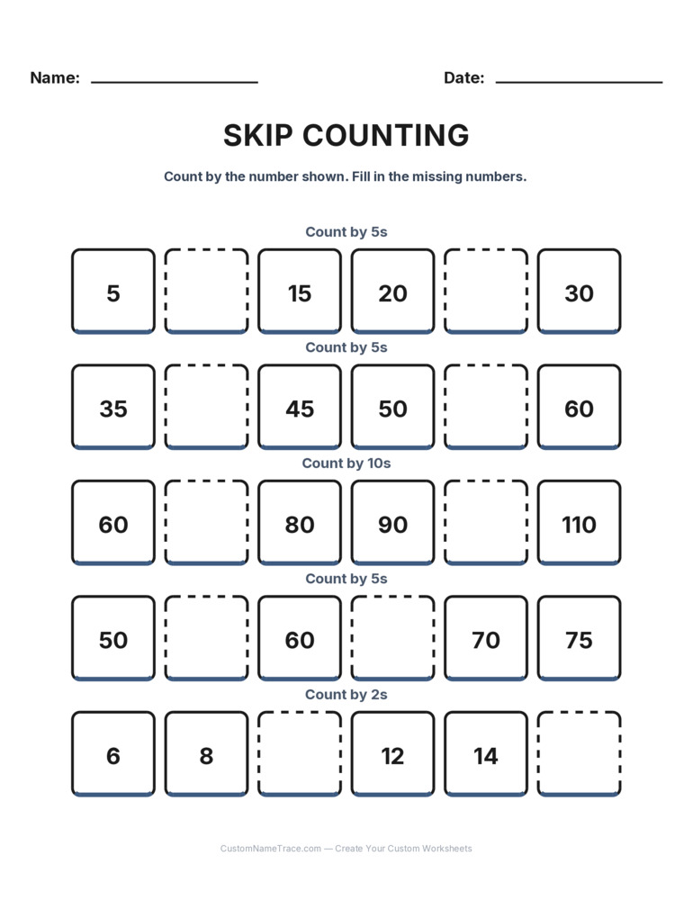 Grade 1 Skip Counting worksheet 29 for kids