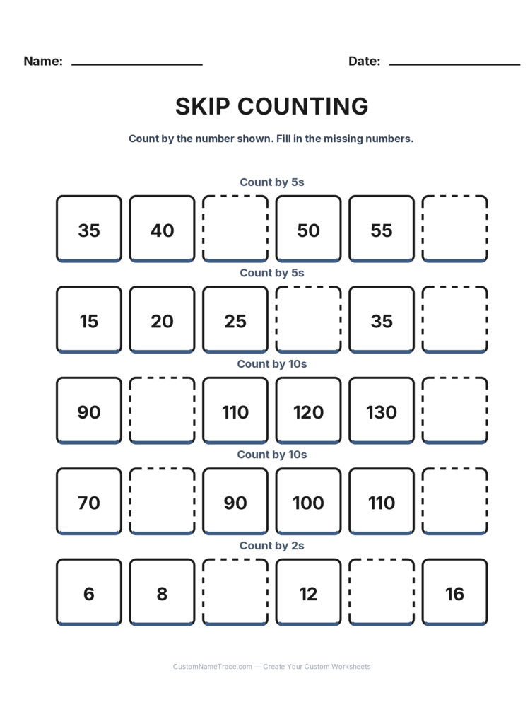 Grade 1 Skip Counting worksheet 3 for kids
