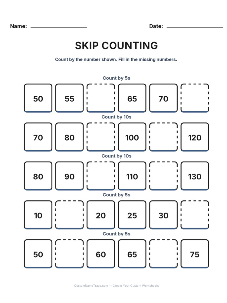 Grade 1 Skip Counting worksheet 30 for kids