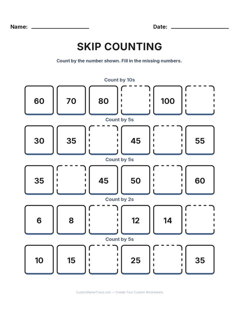 Grade 1 Skip Counting worksheet 5 for kids