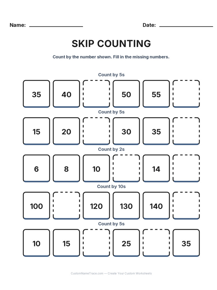 Grade 1 Skip Counting worksheet 7 for kids