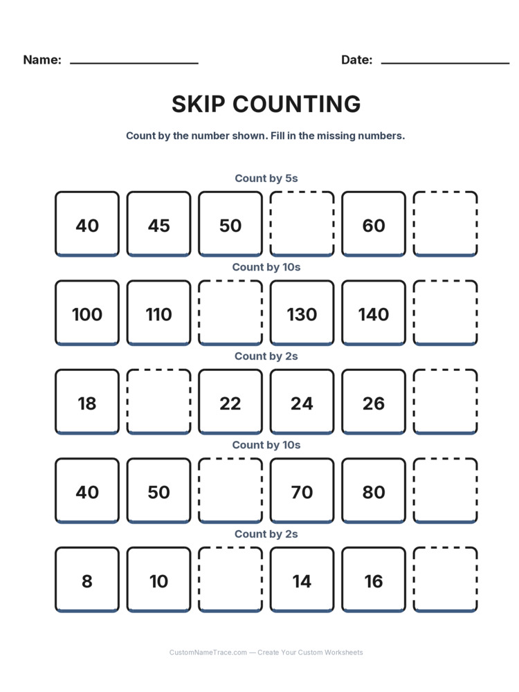 Grade 1 Skip Counting worksheet 8 for kids