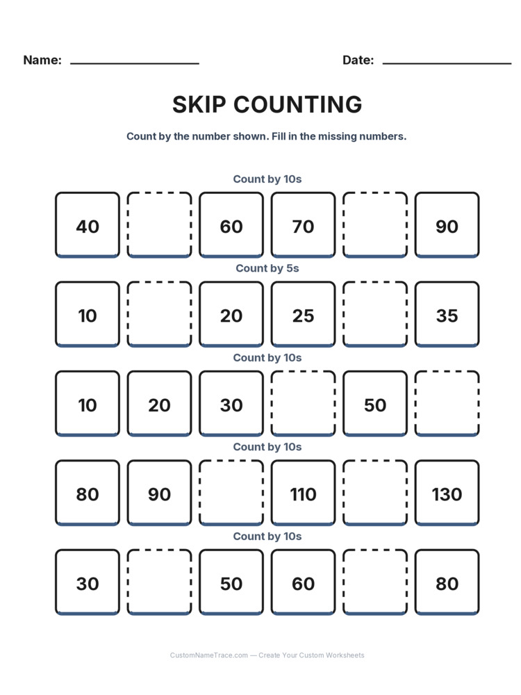 Grade 1 Skip Counting worksheet 9 for kids