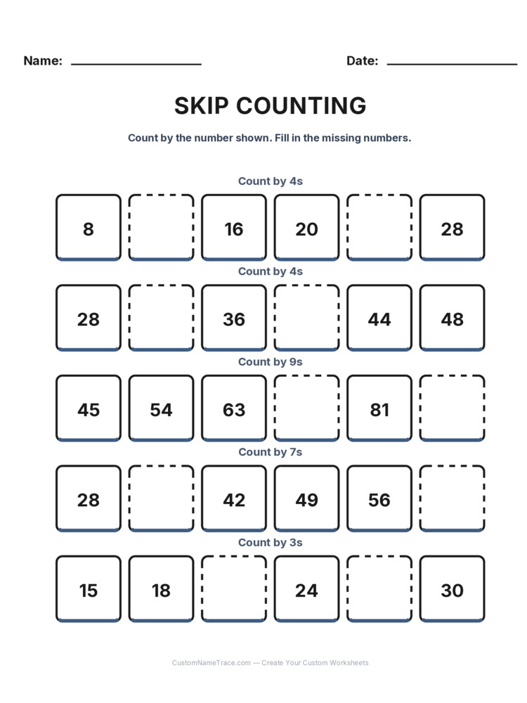 Grade 2 Skip Counting worksheet 10 for kids