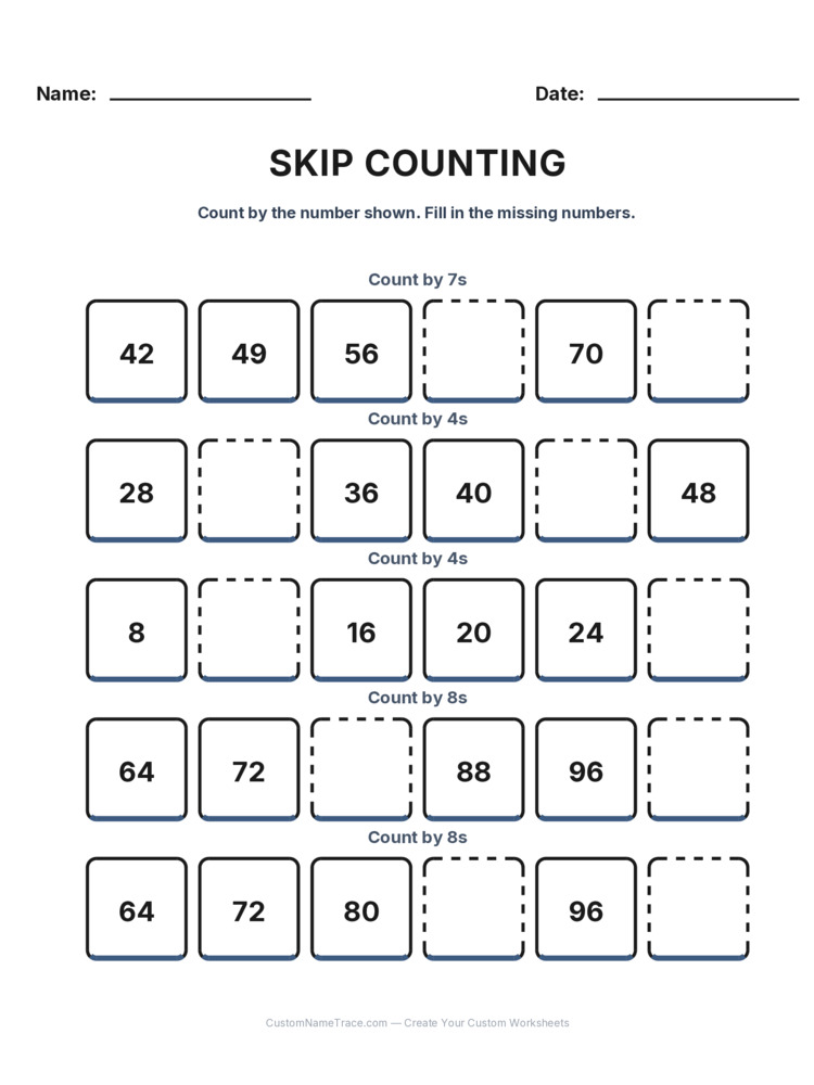 Grade 2 Skip Counting worksheet 12 for kids