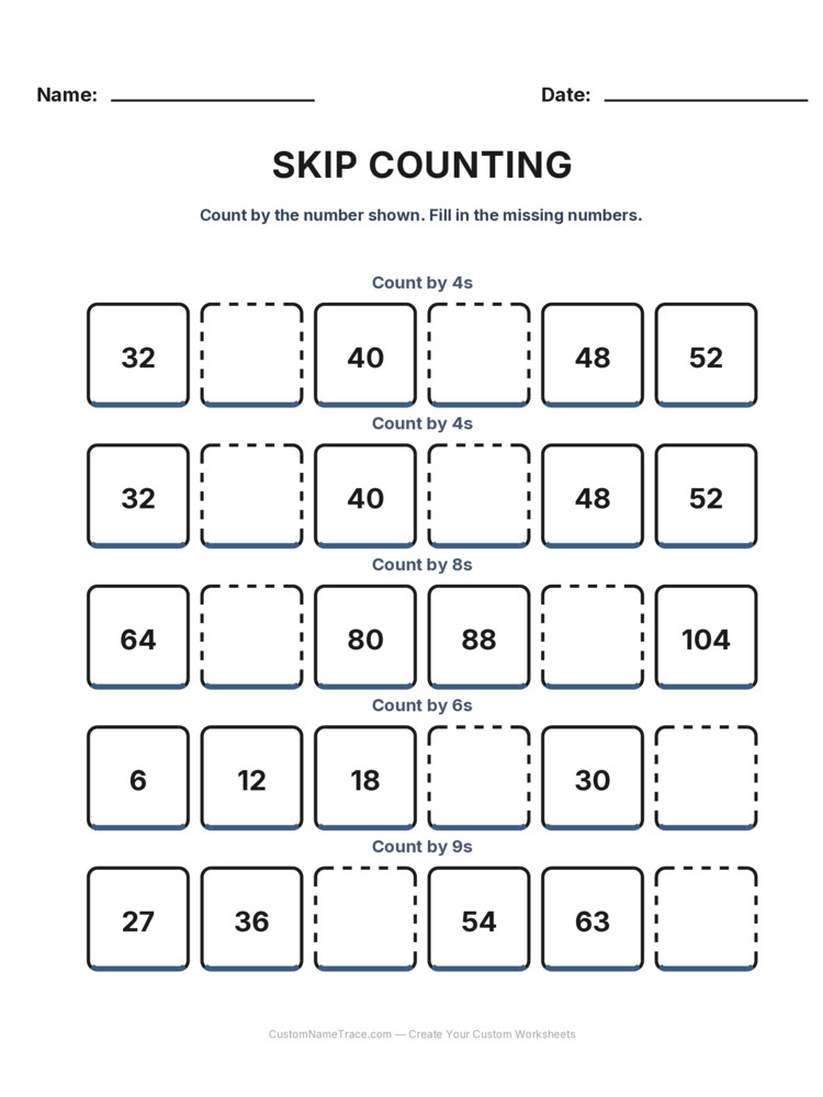 Grade 2 Skip Counting worksheet 13 for kids