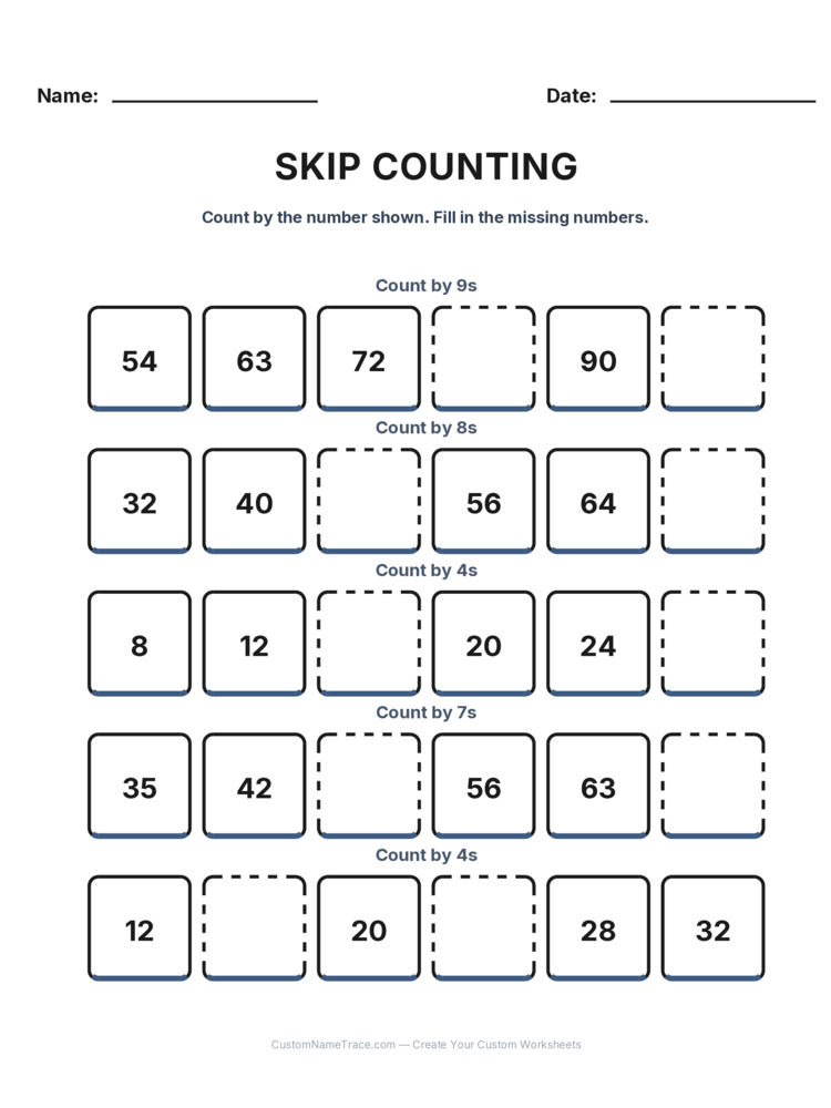 Grade 2 Skip Counting worksheet 19 for kids