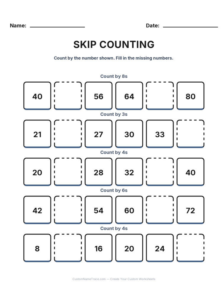 Grade 2 Skip Counting worksheet 2 for kids