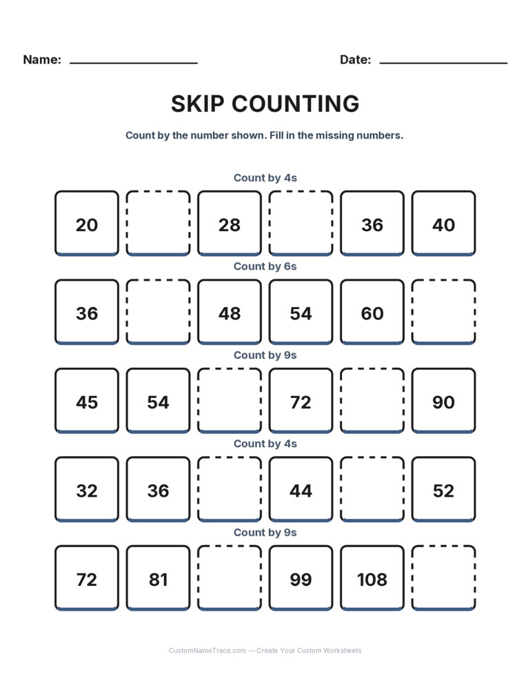 Grade 2 Skip Counting worksheet 20 for kids