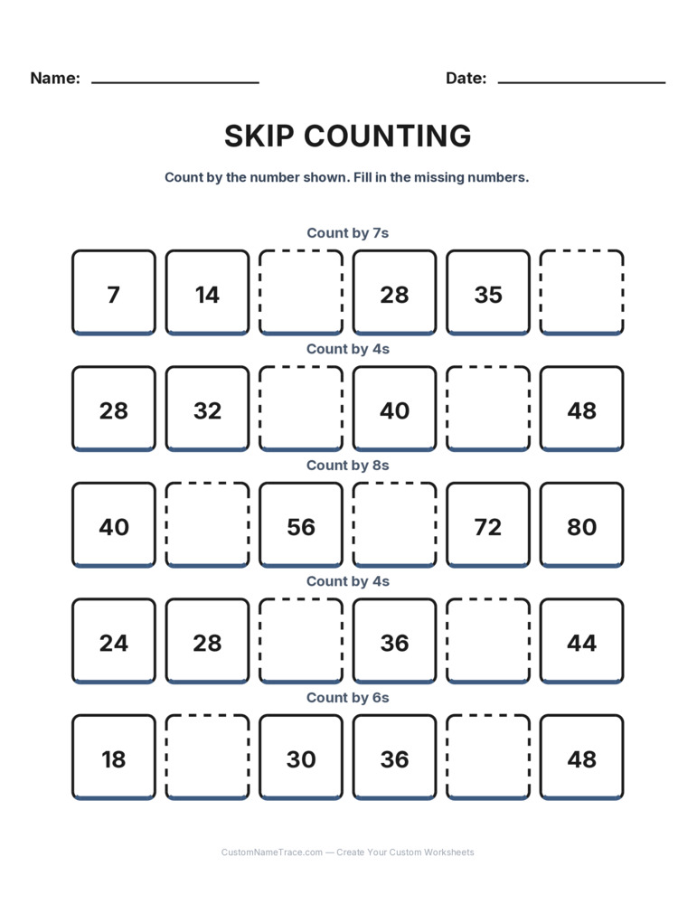 Grade 2 Skip Counting worksheet 21 for kids