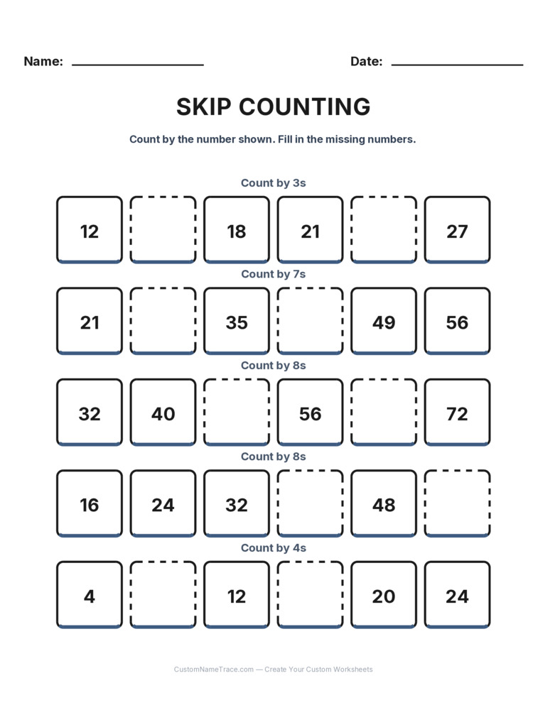 Grade 2 Skip Counting worksheet 22 for kids