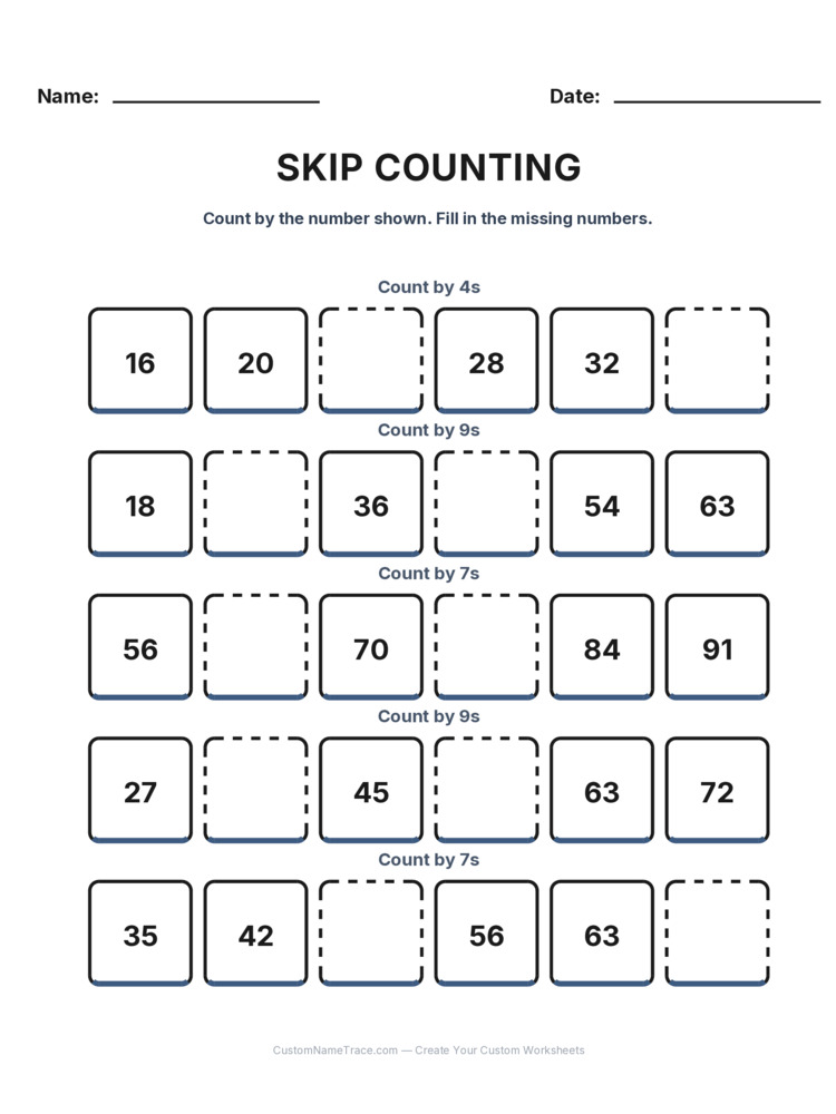 Grade 2 Skip Counting worksheet 24 for kids