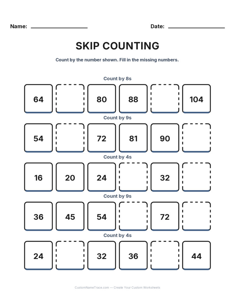 Grade 2 Skip Counting worksheet 28 for kids