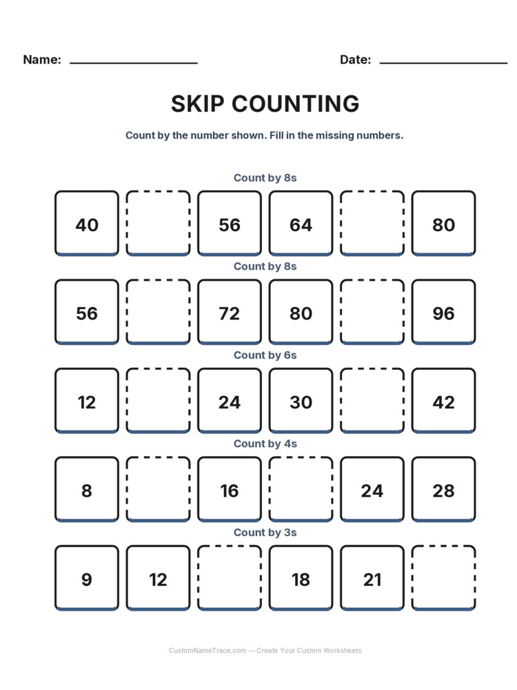 Grade 2 Skip Counting worksheet 29 for kids