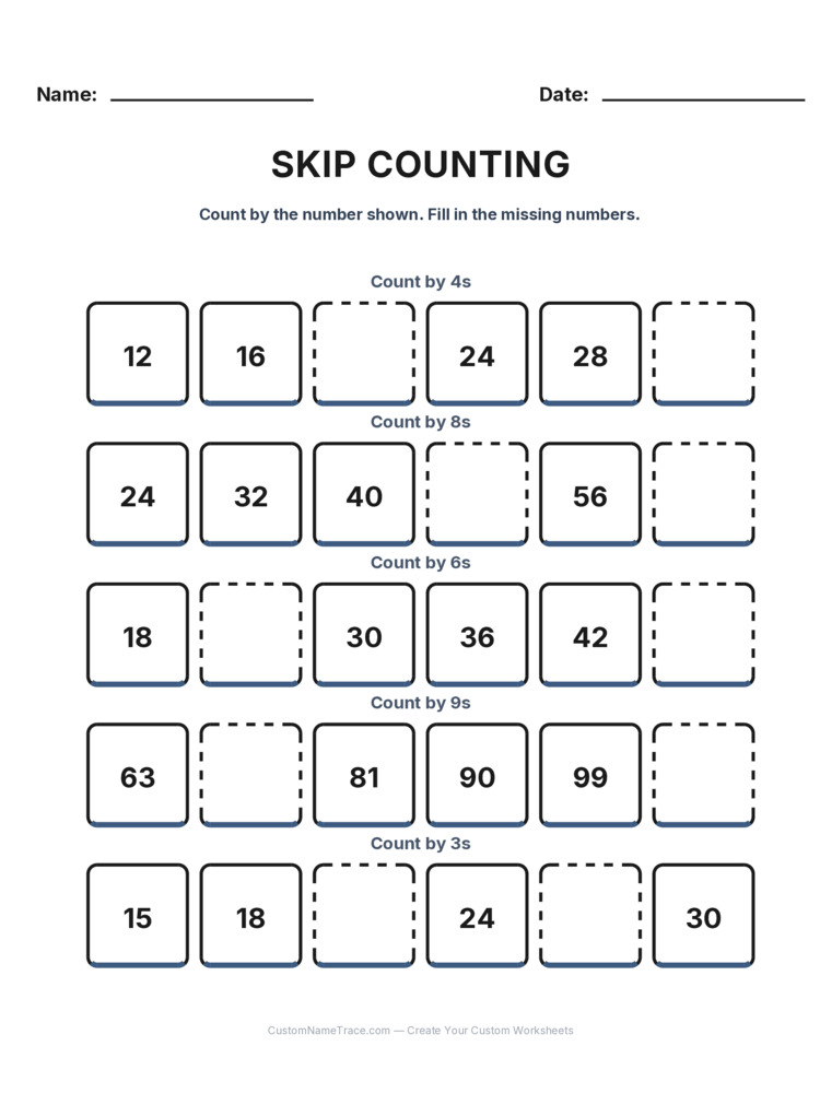 Grade 2 Skip Counting worksheet 3 for kids
