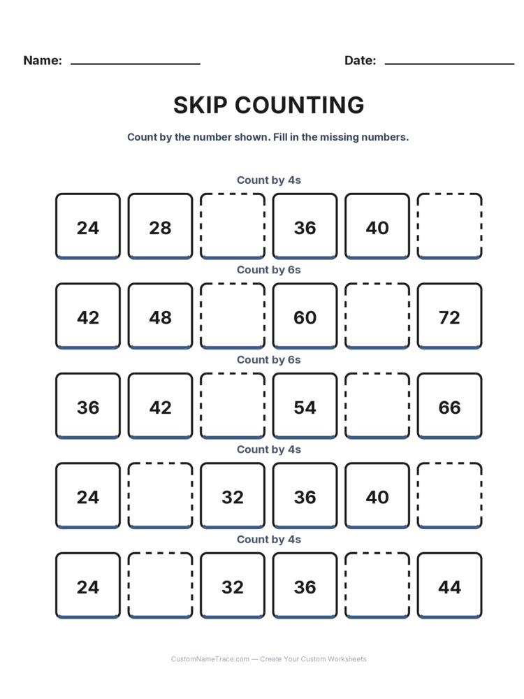 Grade 2 Skip Counting worksheet 30 for kids