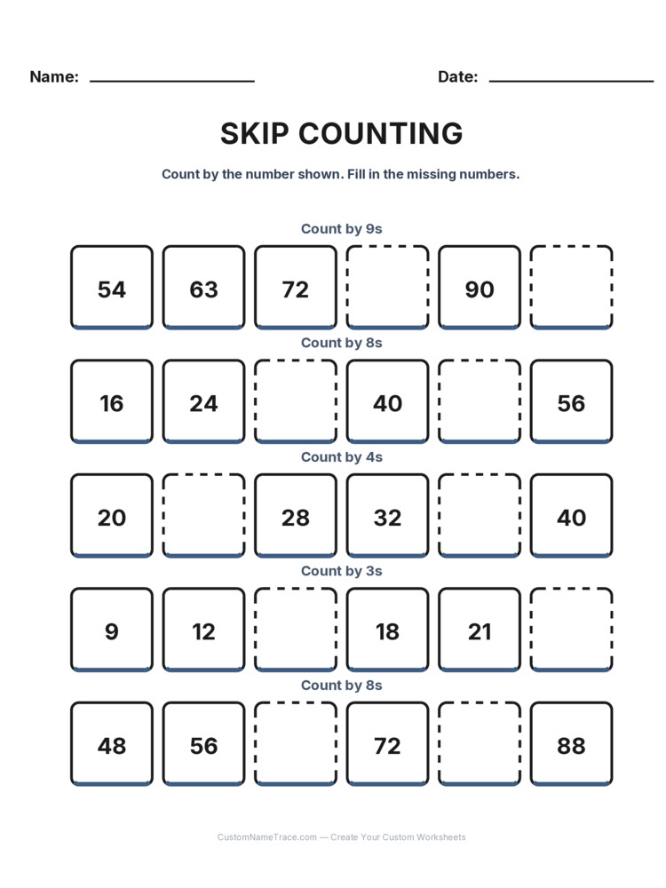 Grade 2 Skip Counting worksheet 5 for kids