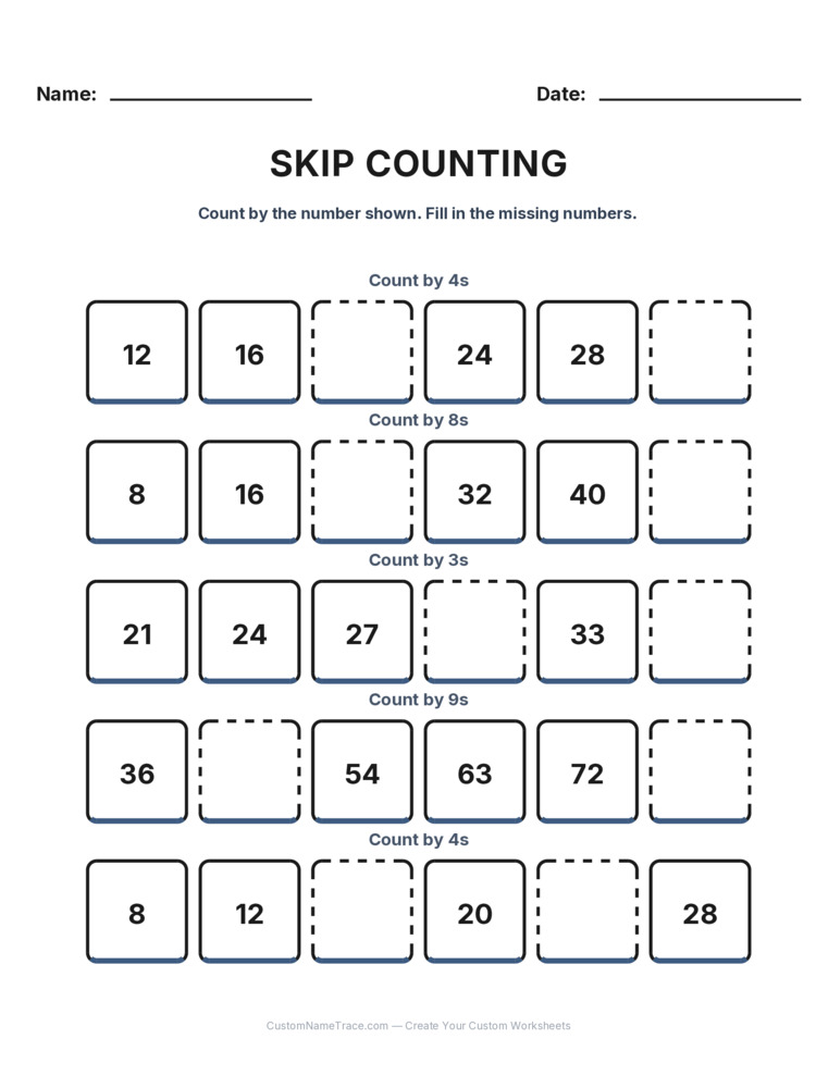 Grade 2 Skip Counting worksheet 7 for kids