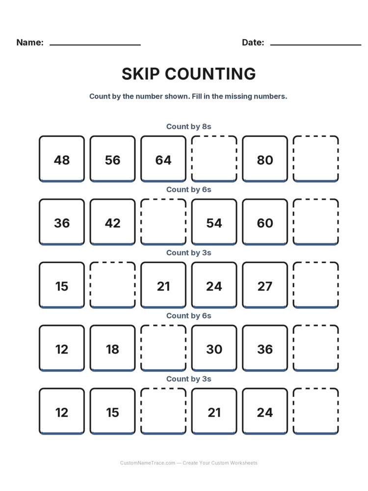 Grade 2 Skip Counting worksheet 8 for kids