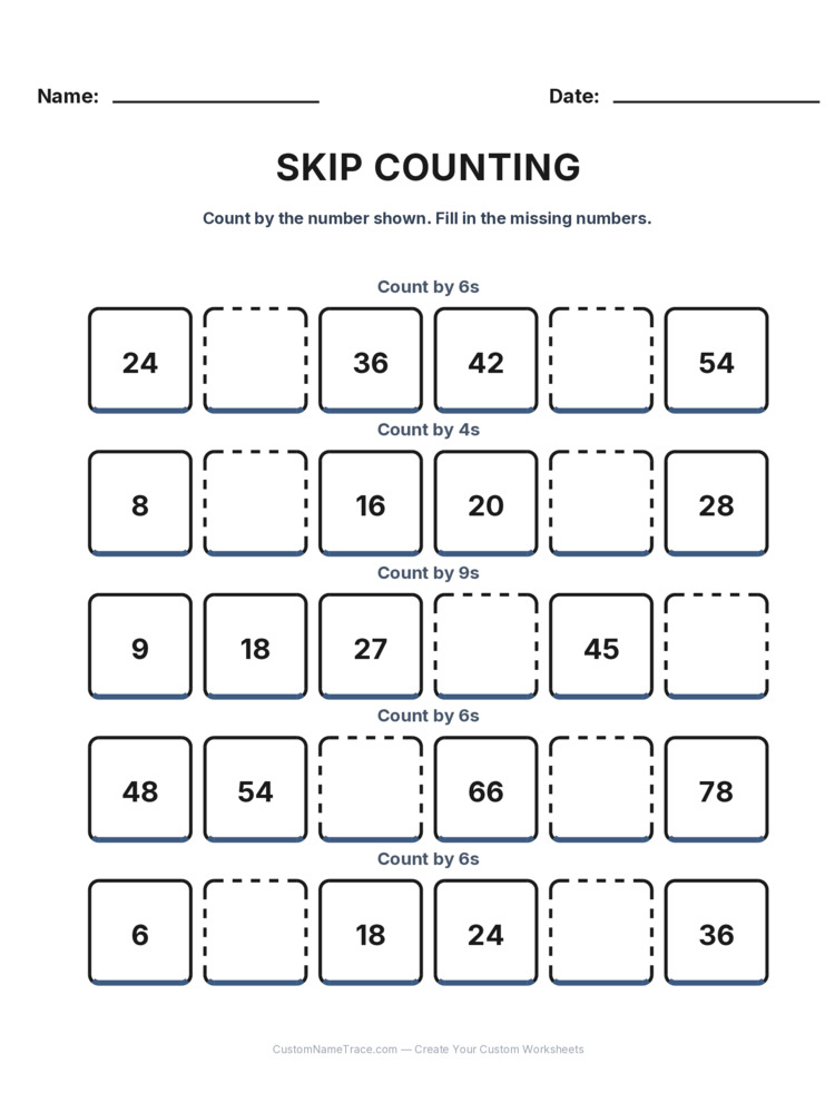 Grade 2 Skip Counting worksheet 9 for kids