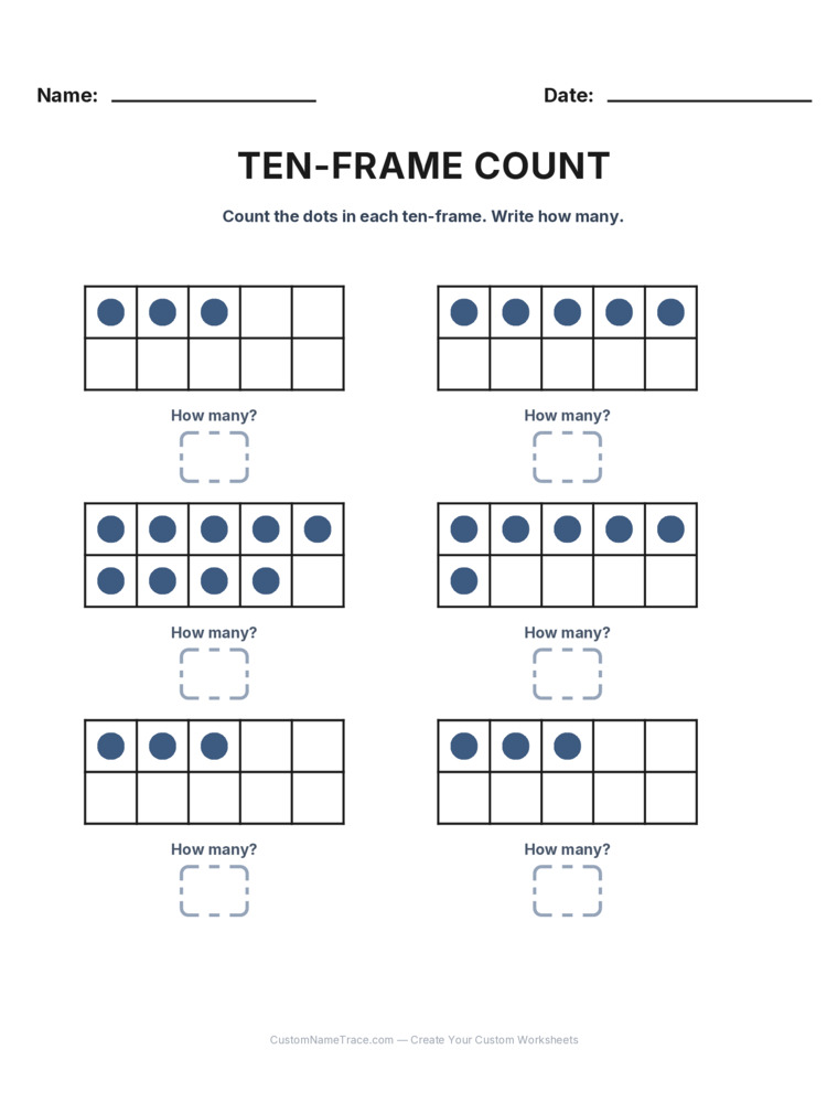 Kindergarten Ten-Frame Count worksheet 1 for kids