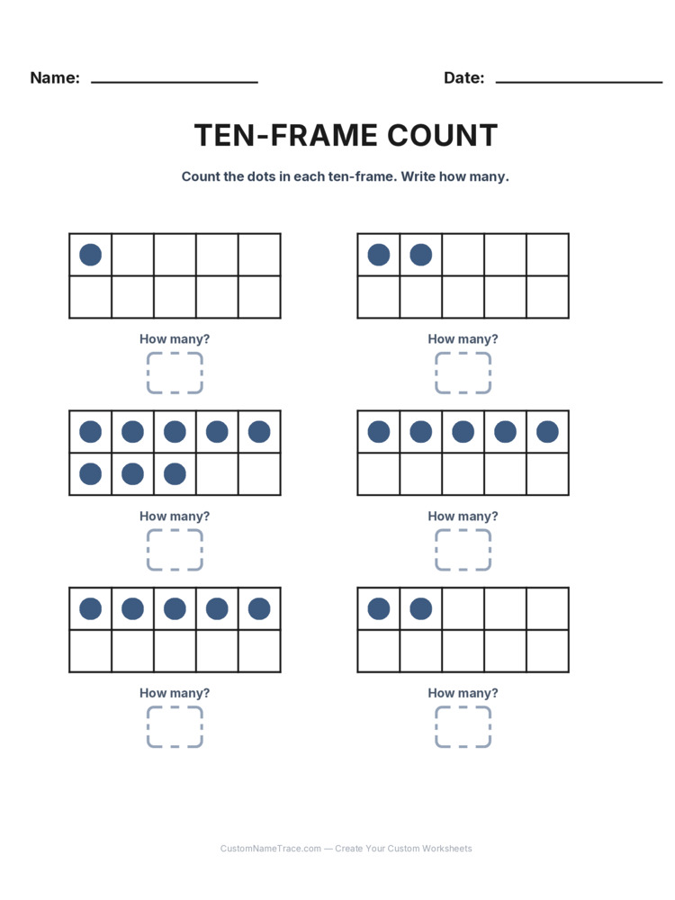 Kindergarten Ten-Frame Count worksheet 10 for kids