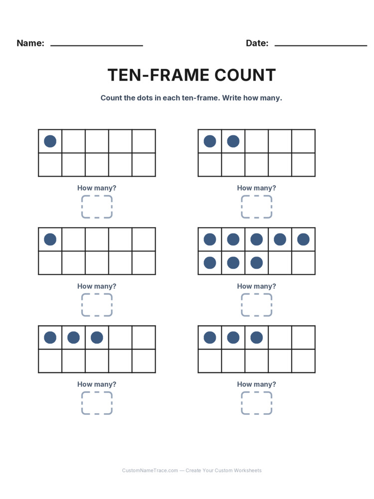 Kindergarten Ten-Frame Count worksheet 11 for kids