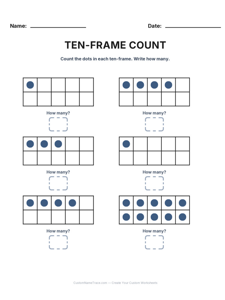 Kindergarten Ten-Frame Count worksheet 12 for kids
