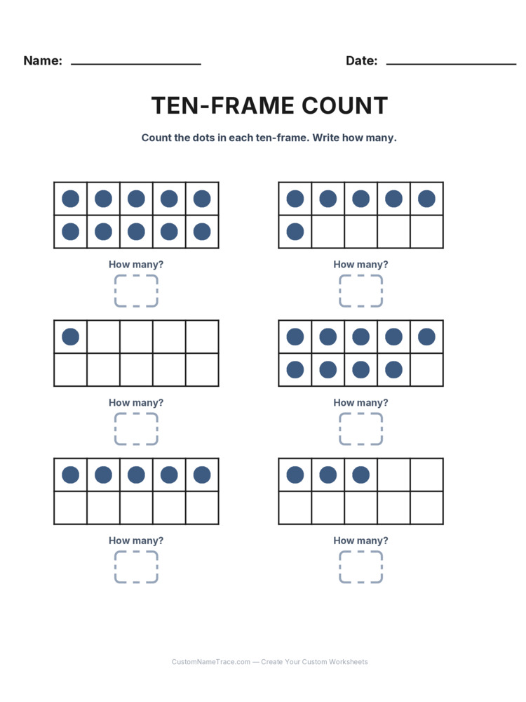 Kindergarten Ten-Frame Count worksheet 13 for kids