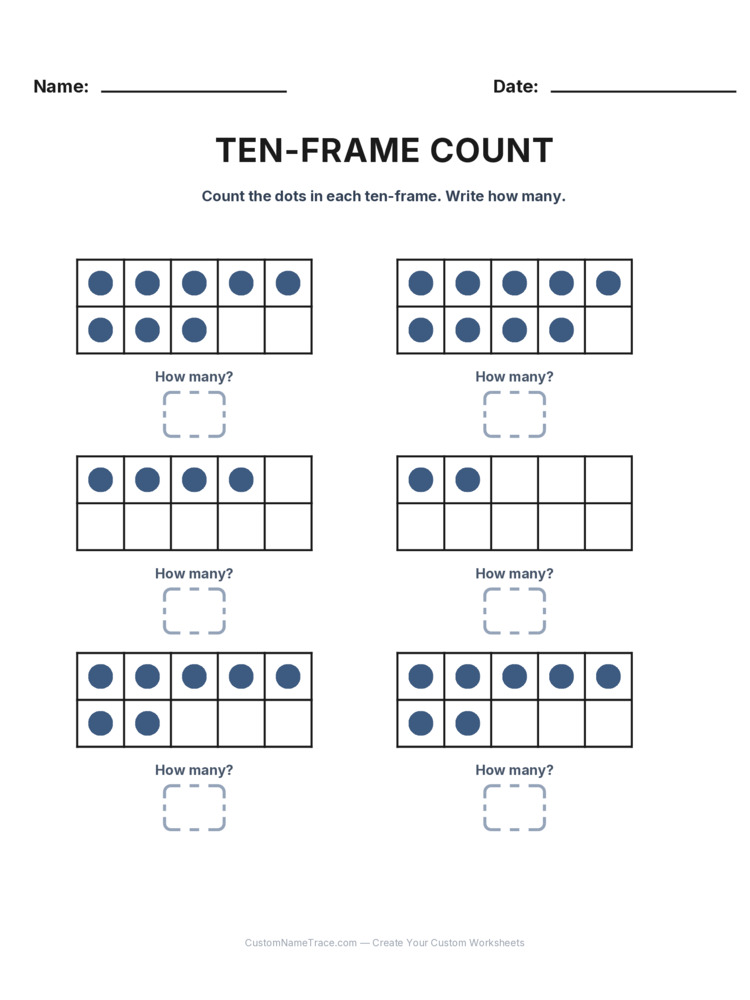 Kindergarten Ten-Frame Count worksheet 14 for kids