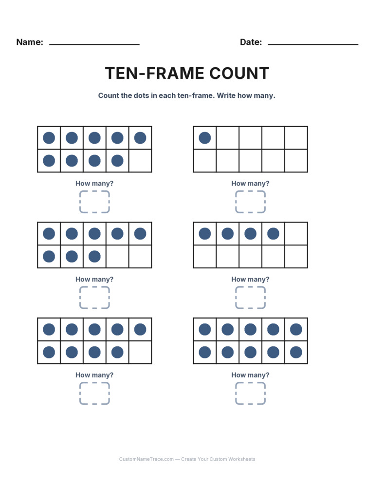 Kindergarten Ten-Frame Count worksheet 15 for kids