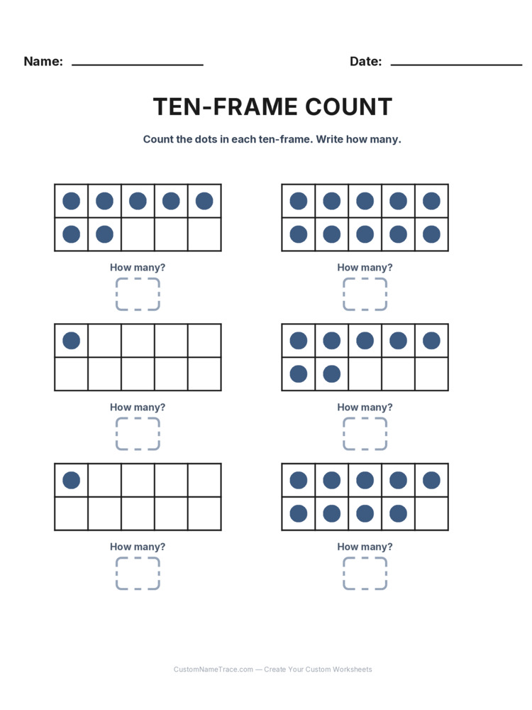 Kindergarten Ten-Frame Count worksheet 16 for kids