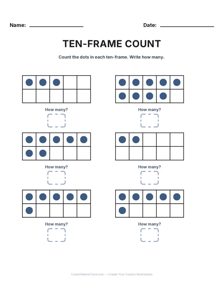 Kindergarten Ten-Frame Count worksheet 17 for kids