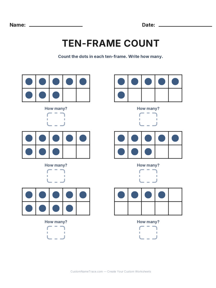 Kindergarten Ten-Frame Count worksheet 18 for kids