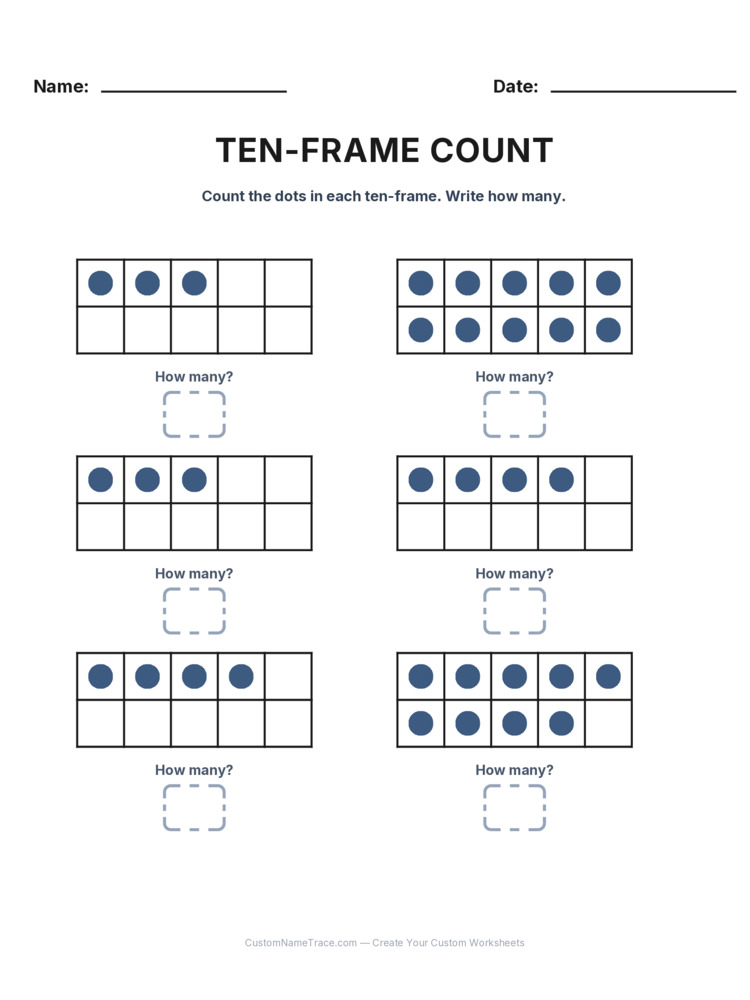 Kindergarten Ten-Frame Count worksheet 19 for kids