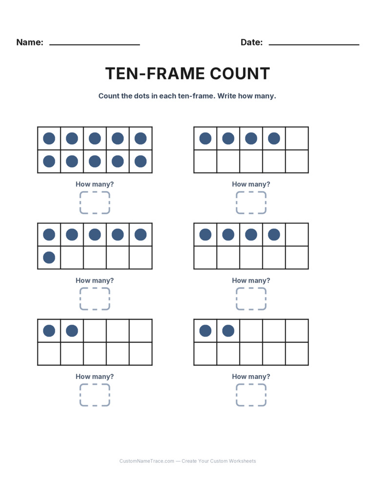 Kindergarten Ten-Frame Count worksheet 2 for kids